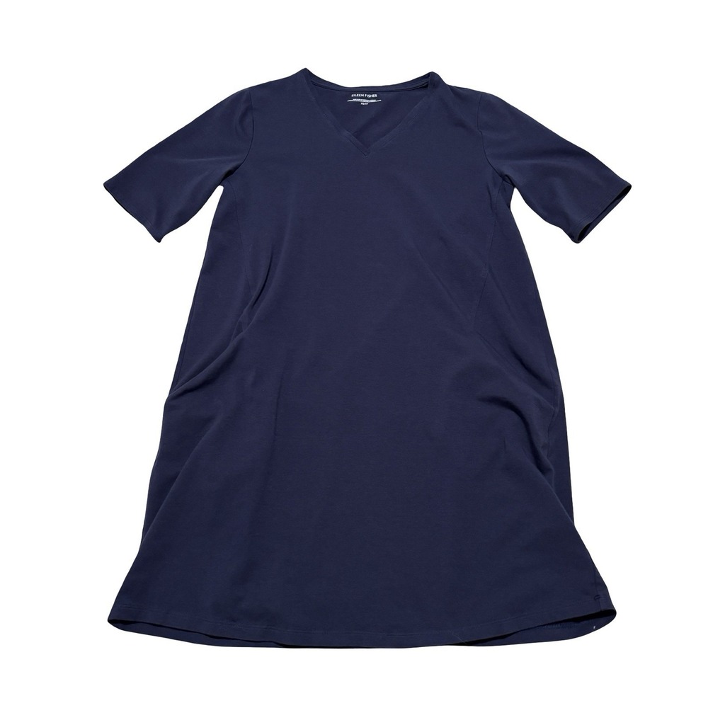 Eileen Fisher Women's V Neck Short Sleeve Shift Dress Navy Size XS 18 x 31